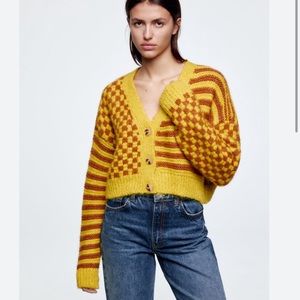 Zara Combination Jacquard Knit Cardigan Sweater Chunky Knit Checkered Size Small